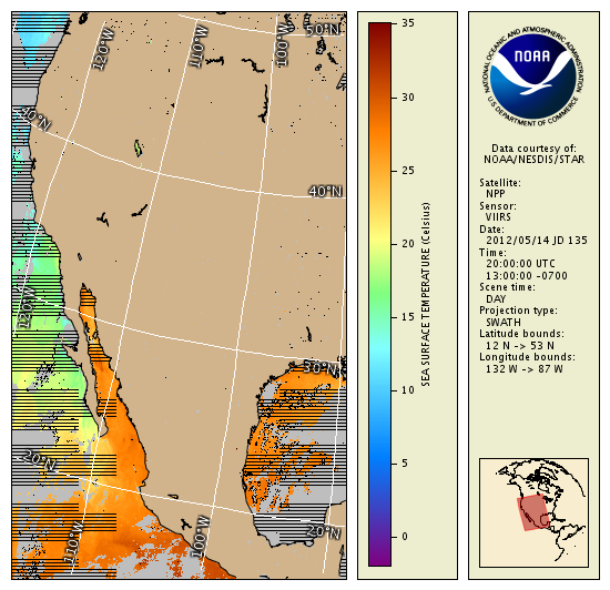 Map projection displaying sea surface temperature over the Eastern Pacific Ocean and Gulf of Mexico