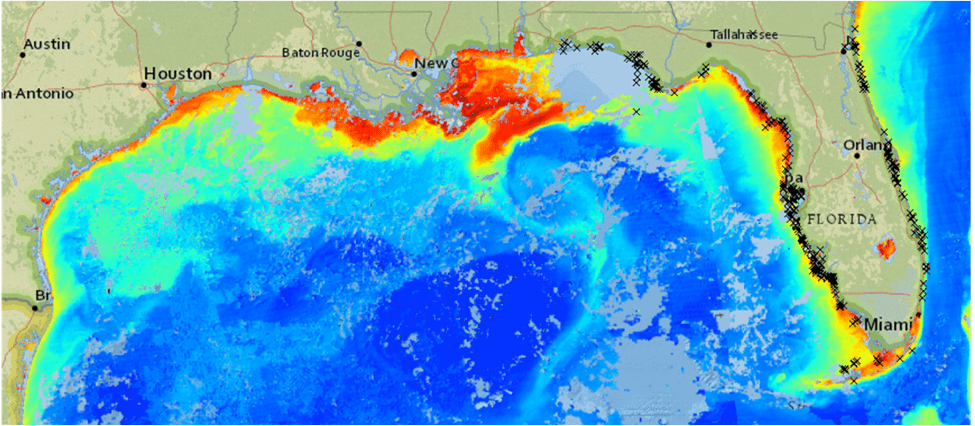 Global Map projection displaying chlorophyll-a concentrations over the Gulf of Mexico