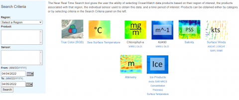 An image showing the interface for the CoastWatch Near Real-time Search