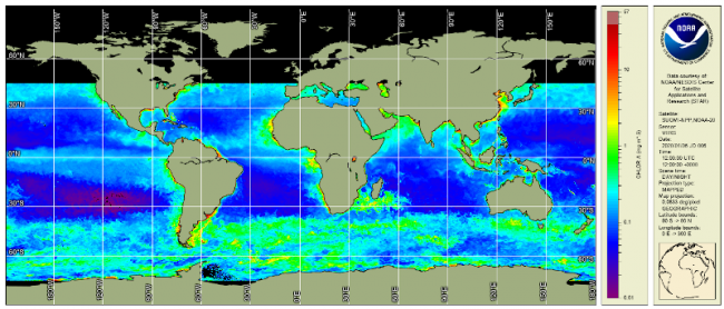 Global Map projection displaying chlorophyll-a concentration