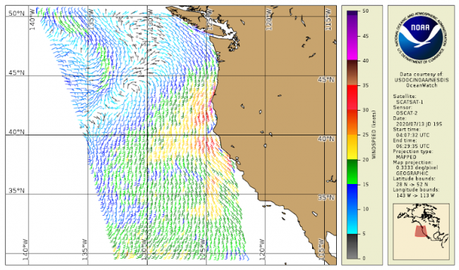 Map Projection of Vector Winds over the Pacific Ocean off of the North American West Coast