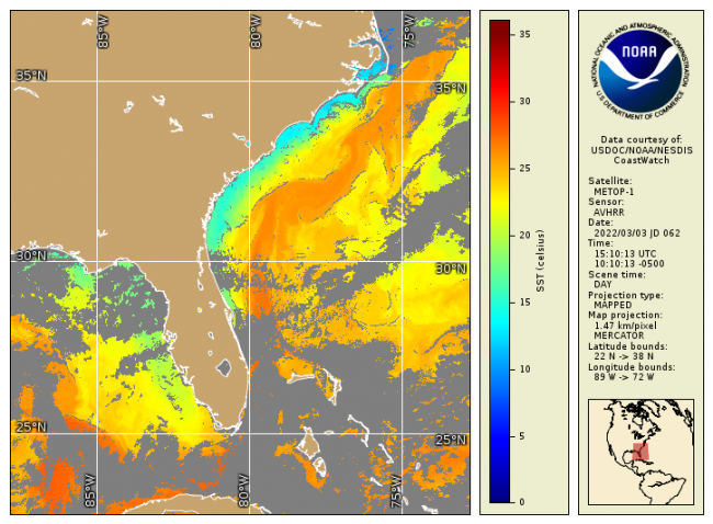 Map projection of sea surface temperature over the Gulf of America and Atlantic Ocean centered over Florida. 