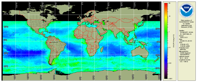 NOAA Multi-Sensor Level-1 to Level-2 (MSL12) Ocean Color, science quality, multi-sensor 2km global gap-filled chlorophyll-a fro Jan 13, 2024 rendered by the CoastWatch Utilities.