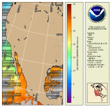 Map projection displaying sea surface temperature over the Eastern Pacific Ocean and Gulf of America